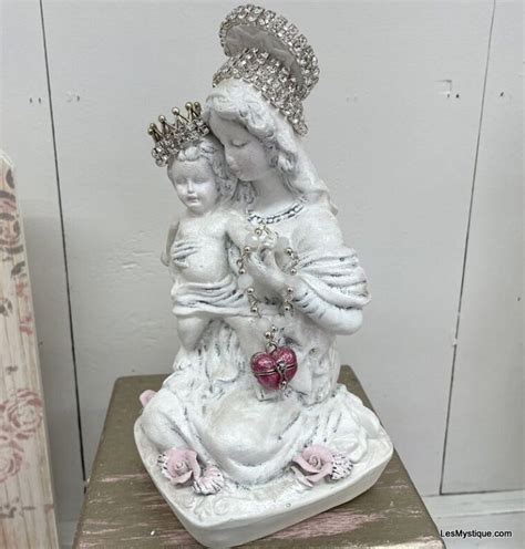 Jeweled Crowned Madonna And Child Statue Shabby White Pink Roses Prayer