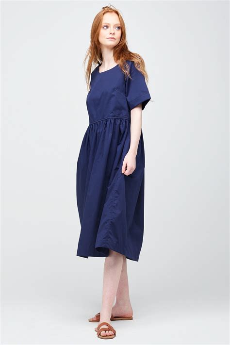 Women's Crew Neck Gathered Dress - Navy - Community Clothing