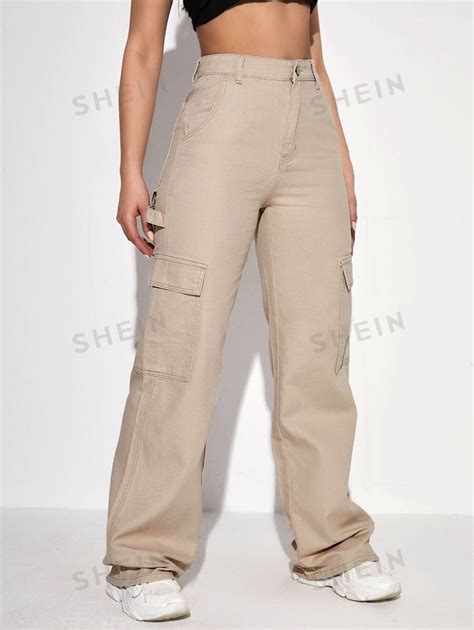 SHEIN EZwear Pantalones Cargo De Talle Alto Con Bolsillo Oblicuo Moda