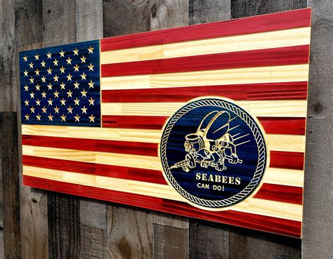 Seabees Rustic American Wood Flag Us Navy Seabee Flag Etsy