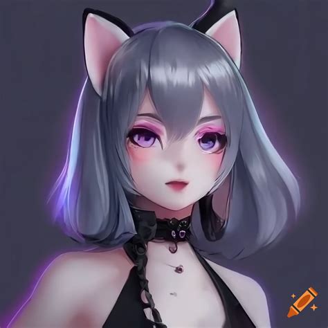 Portrait Of A Cute Gothic Cat Vtuber In Anime Art Style