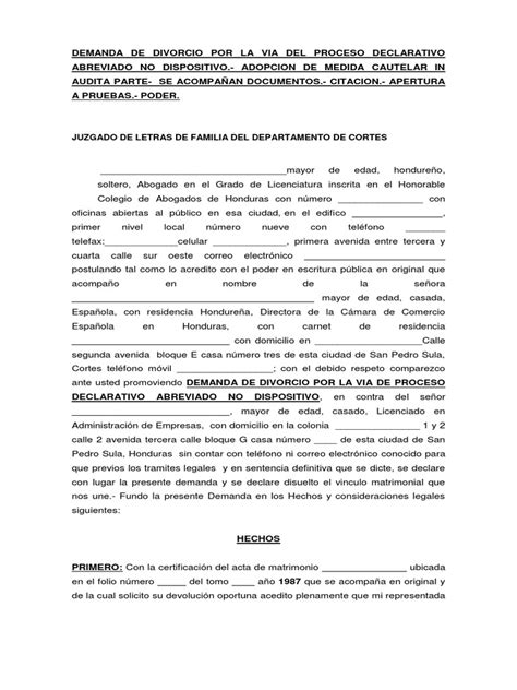 Demanda De Divorcio Por Mutuo Consentimiento Divorcio Ley Procesal