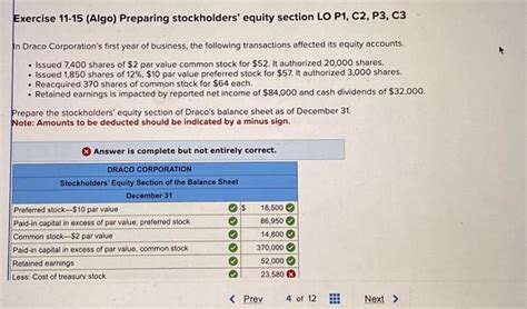 Exercise 11 15 Algo Preparing Stockholders Equity Chegg