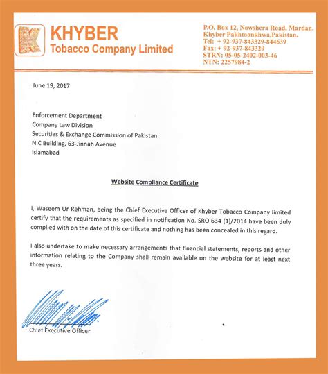 Compliance Certificate – Khyber Tobacco