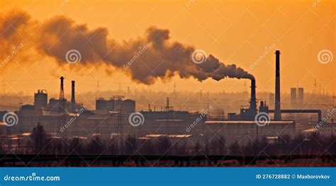 Industry Metallurgical Pipe And Heavy Smoke Causing Air Pollution On