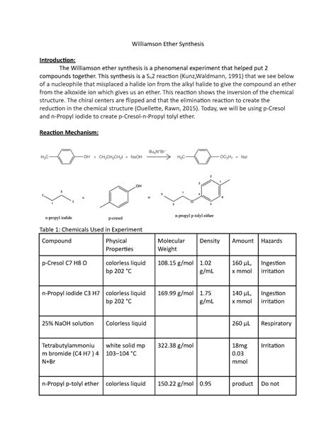 Lab Write Up William Ether Synthesis Williamson Ether Synthesis