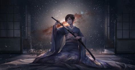 和服动漫女孩武士刀晚上天空星空4k动漫壁纸 千叶网