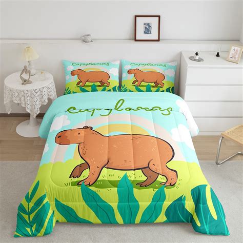 Cute Capybara Comforter Set King Size Rainbow Bedding Piece Kawaii