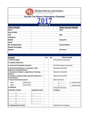 Fillable Online Income Tax Return Preparation Checklist Checklist A ...