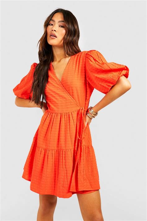 Textured Puff Sleeve Wrap Smock Dress Boohoo Uk