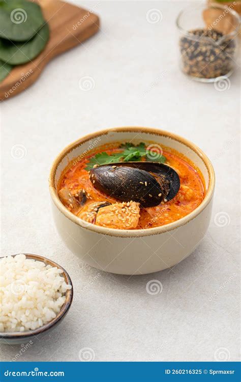 Tom Yam Seafood Soup With Rice Stock Image Image Of Cuisine Spicy 260216325