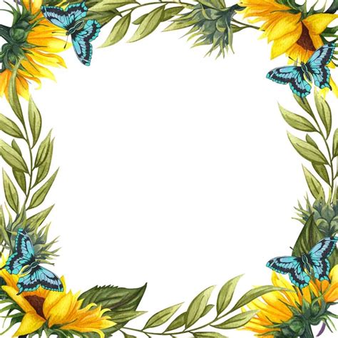 Watercolor Floral Wreath With Sunflowers Leaves Foliage Branches