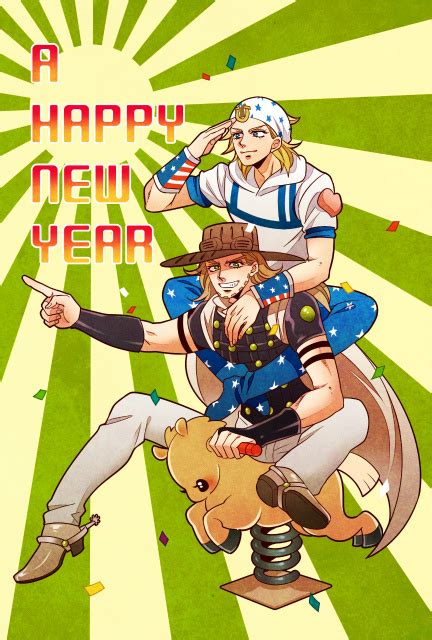 Safebooru 2boys Blonde Hair Brown Hair Gyro Zeppeli Happy New Year Hat Johnny Joestar Jojo No