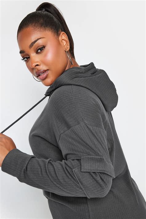 Yours Plus Size Charcoal Grey Ribbed Cargo Hoodie Yours Clothing