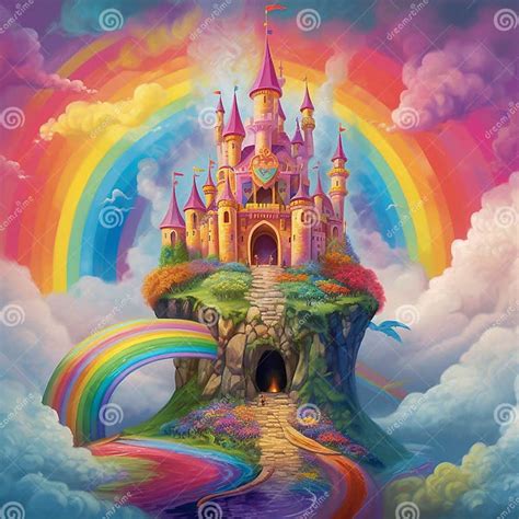 Fairytale Land With Rainbow Castle In The Sky Stock Illustration