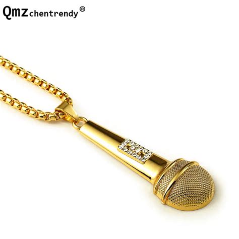 Hip Hop Bling Crystal Dance Dj Microphone Pendant Chain Necklace For