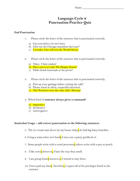 Answer Key For Practice Punctuation Quiz