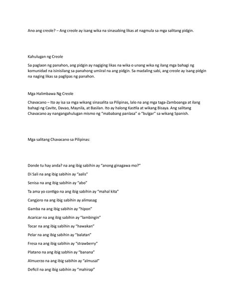 Aralin 9 Pidgin At Creole Ano Ang Creole Ang Creole Ay Isang Wika