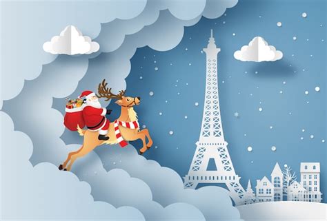 Premium Vector Santa Claus Give Presents In Town And Eiffel Tower