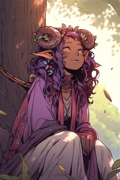 A Woman Sitting Next To A Tree With Horns On It S Head And Purple Hair