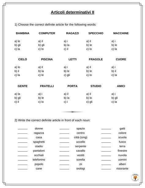 Italian Definite Articles Worksheets Articoli Determinativi Free Printable Download The