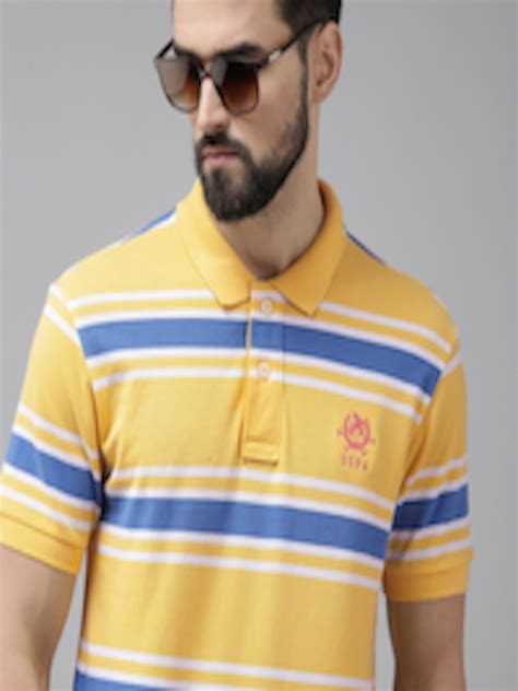 Buy U S Polo Assn Men Yellow Striped Polo Collar Pure Cotton T Shirt