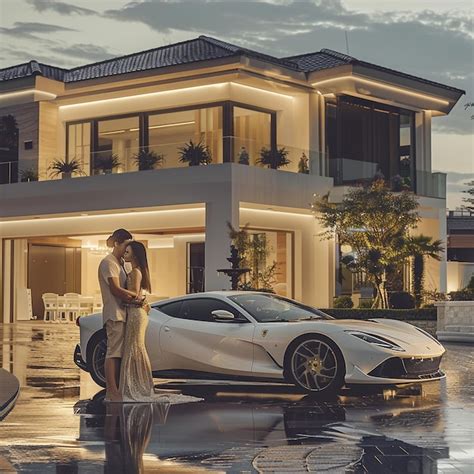 Luxury Lifestyle Couple Hugging In Front Of Their Elegant Home And Expensive Vehicle Premium