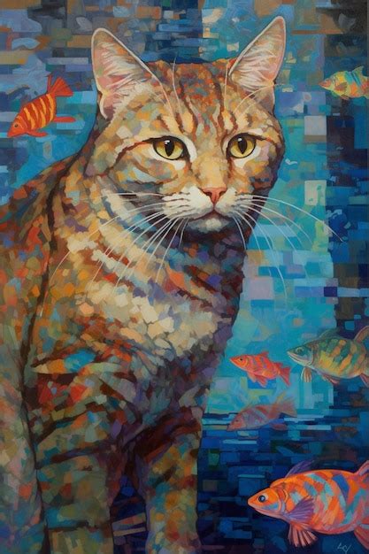 Una Pintura De Un Gato Con Ojos Amarillos Y Un Fondo Azul Con Peces