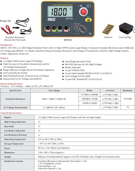 MECO DIT 918 2 5KV 20G OHMS DIGITAL INSULATION TESTER Techno