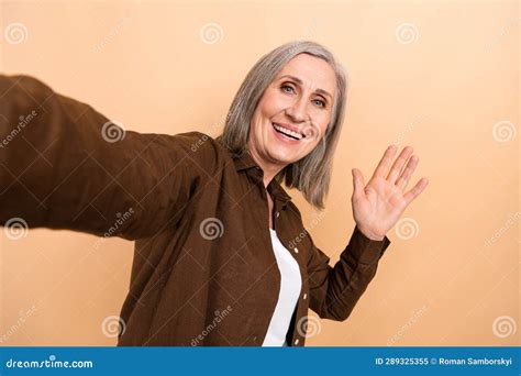 Photo Of Pretty Positive Lady Toothy Smile Take Selfie Arm Palm Waving