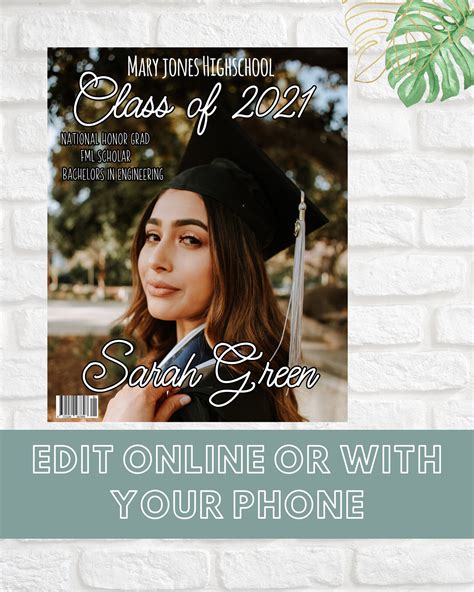 Graduation Announcement Grad Magazine Cover Editable Invite Etsy