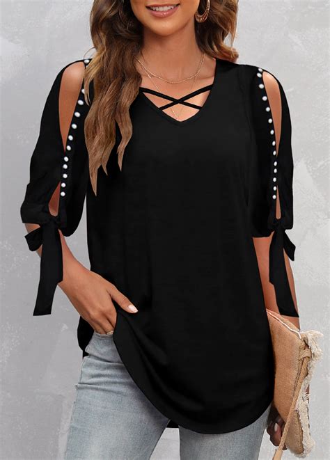 Black Plus Size Pearl Detail Cold Shoulder T Shirt Rosewe Usd