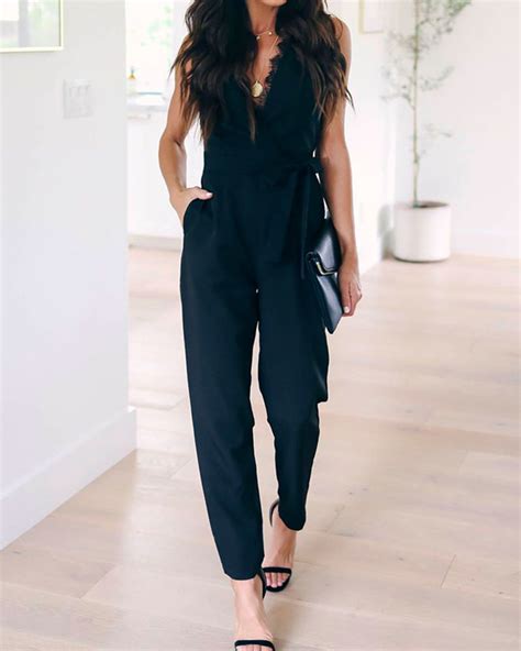 Black Sexy Deep V Neck Lace Pocket Straps Jumpsuit Nowachic