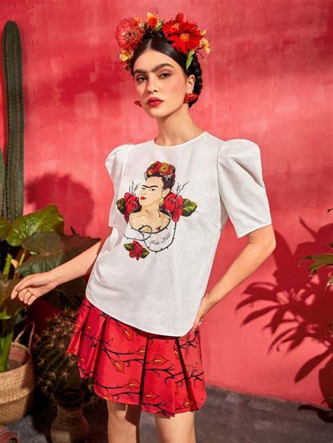 Frida Kahlo X SHEIN Figure Graphic Puff Sleeve Blouse SHEIN USA