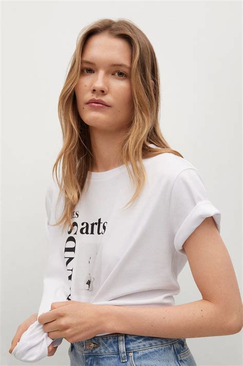 Mango T Shirt Bawełniany Pstfas Kolor Biały Cotton Tshirt Printed