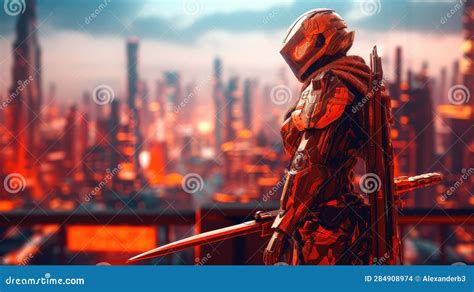 Cyberpunk Futuristic Anime Robot Warrior On Roof Ultra High Quality