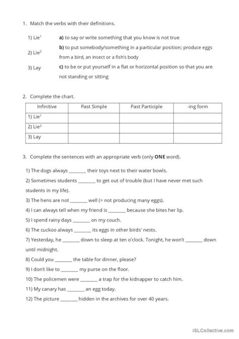 Lie Or Lay General Grammar Practice English Esl Worksheets Pdf Doc