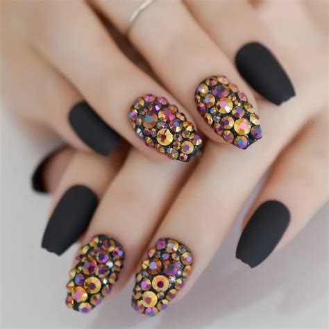 Buy 24 Coffin Short Matte Black Nails Rhinestones Decoration Nail Art Design