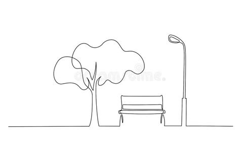 Bench In Park Near Tree And Lantern One Line Drawing Stock Vector Illustration Of Sketch