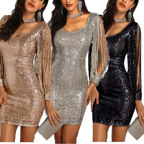 Glitzy Glam Sequin Tassel Long Sleeve Dress Longsleevecocktaildresses