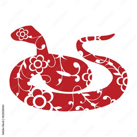 Hand drawn red snake with flowers and leaves ornaments, paper cut art ...