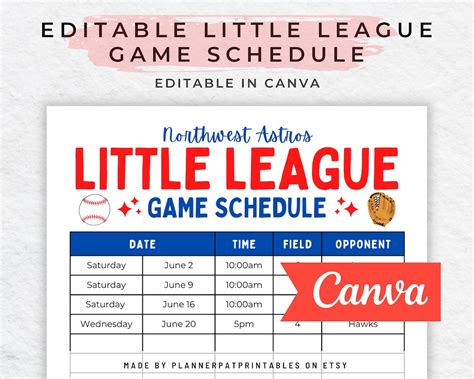 Editable Little League Schedule Template Printable, Canva Game Schedule ...