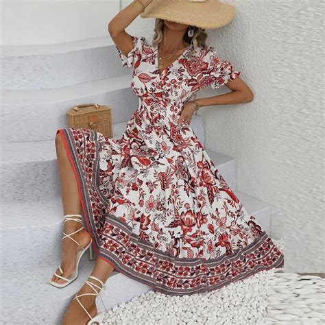 Vestido Midi Bohemio De Manga Corta Para Mujer Estampado Floral