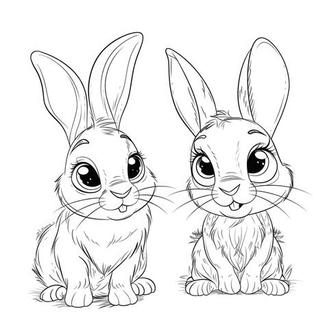 Coloring Page Two Cute Cartoon Bunnies With Big Eyes And Fur Premium