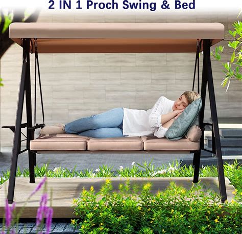 Noblemood Outdoor Porch Swing With Stand And Canopy 3 Seat Freestanding Metal Porch Swing Bed