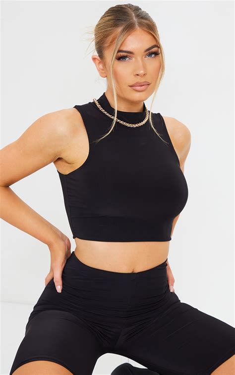 Black Slinky High Neck Racer Crop Top Prettylittlething Ca