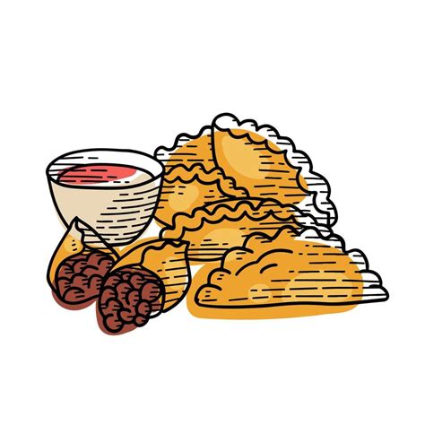 Hand Drawn Sketch Style Empanada Side View On Pile Of Empanadas With