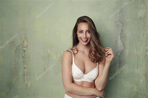 Beautiful Woman Smiling In Bra Stock Photo Sanneberg