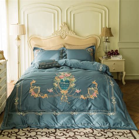 Bluish Grey Luxury Embroidery 60s Egyptian Cotton Bedding Set Queen