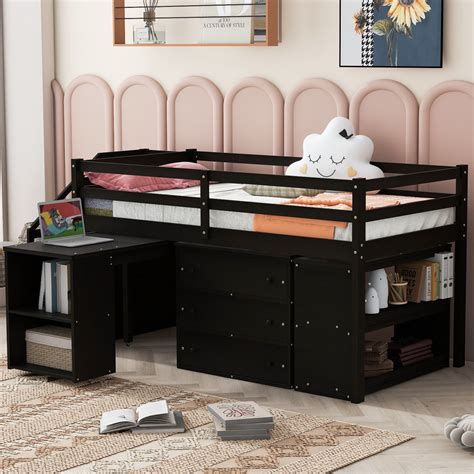 Twin Size Loft Bed With Retractable Writing Desk And 3 Drawers Wooden Loft Bed With Storage